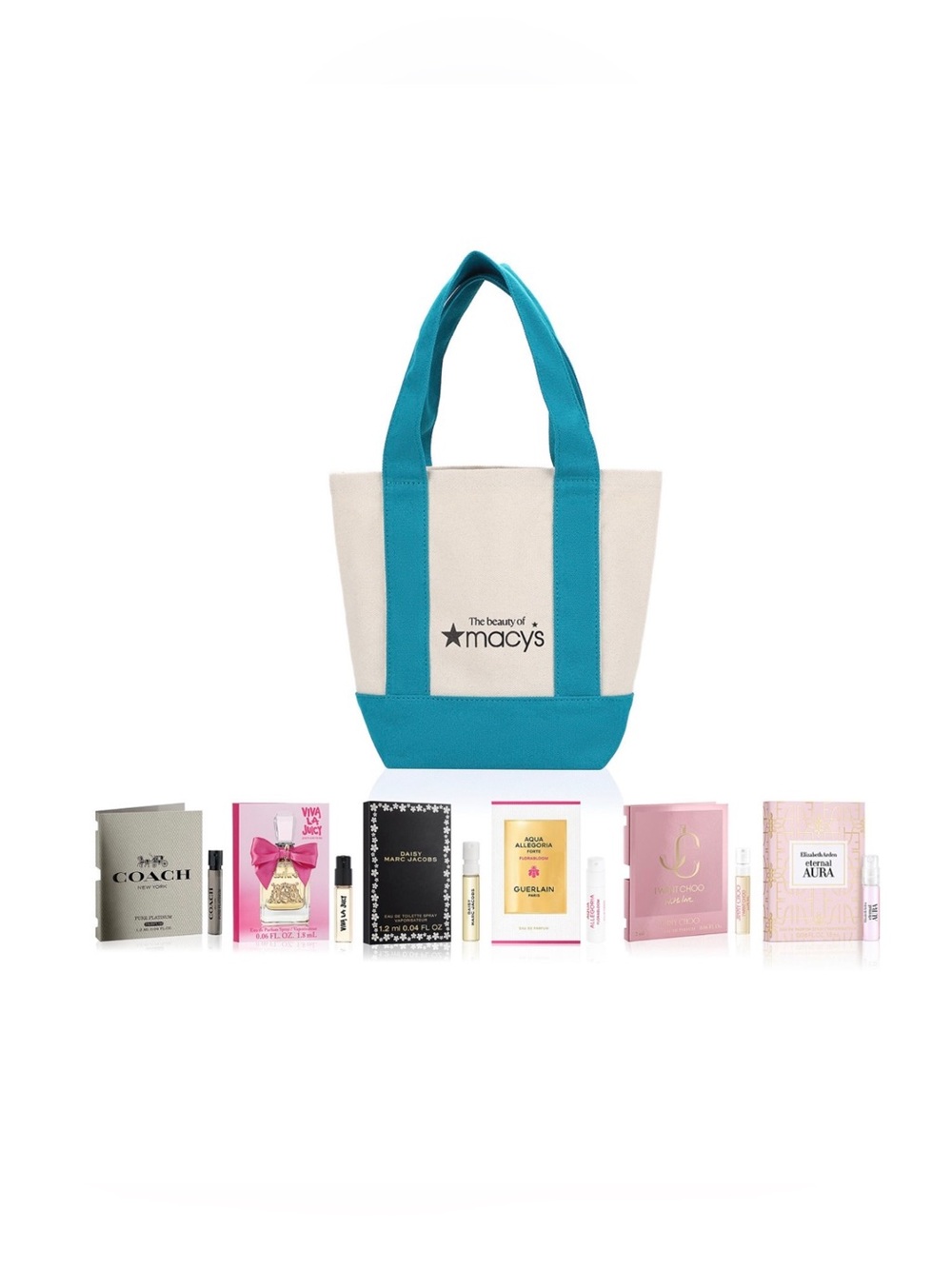 Macy's Beauty Teal Mini Tote Bag +  6 goodies